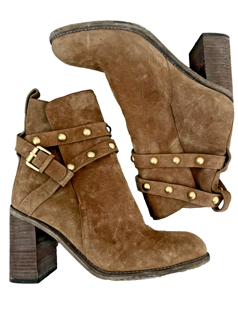 See By Chloe Janis Brown Nubuck Suede Ankle Boots Straps Studs Size 39